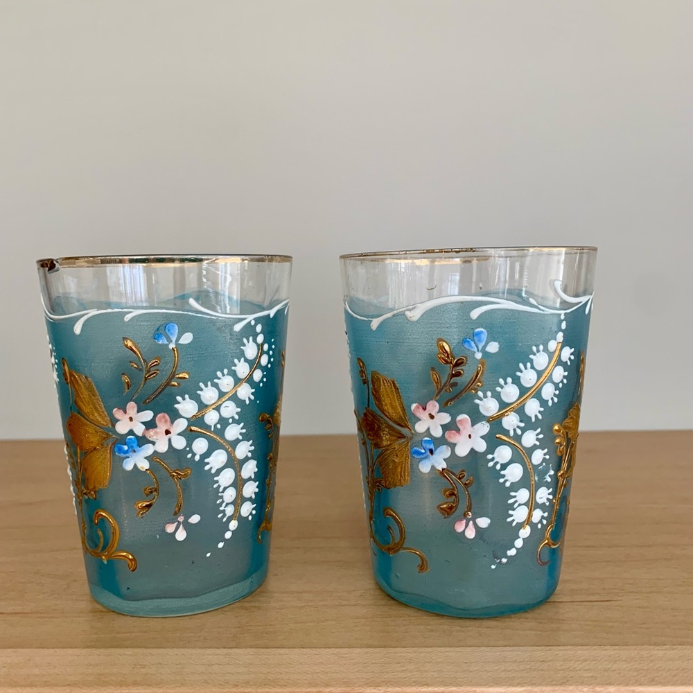 Enameled Art Glasses Hand Painted  Set of 2 Vintage